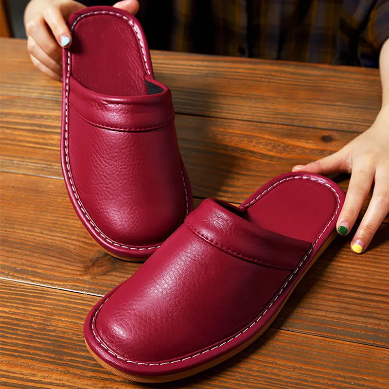 Luxury Men Leather Handmade Women Home Slippers Autumn Winter Plush Slip on Soft Black Brown Bedroom Indoor Flat Men Shoes