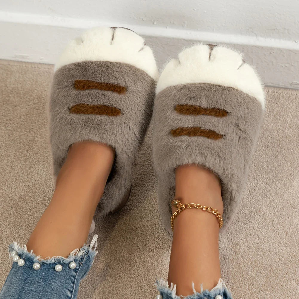 3D Cat Paw Plush Slippers Warm Slip-on House Shoes Anti Slip Flat Thermal Slippers Furry Paw Couple Slippers for Autumn Winter