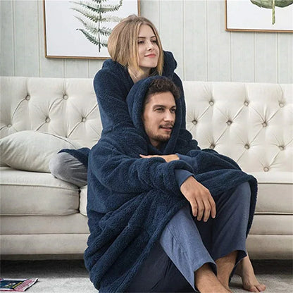 Winter Warm Unisex Double-faced Fleece Hooded Sweatshirts Casual Loose Long Thicken Pocket Pullover Batwing-sleeved Home Clothes