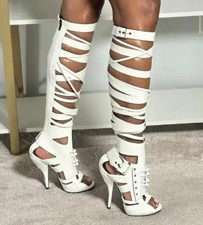 2026 Women Sandals Knee High Boots Cross Strap Hollow Fashion Elegant Sexy Women Shoes Newest Round Toe Thin Heels 4