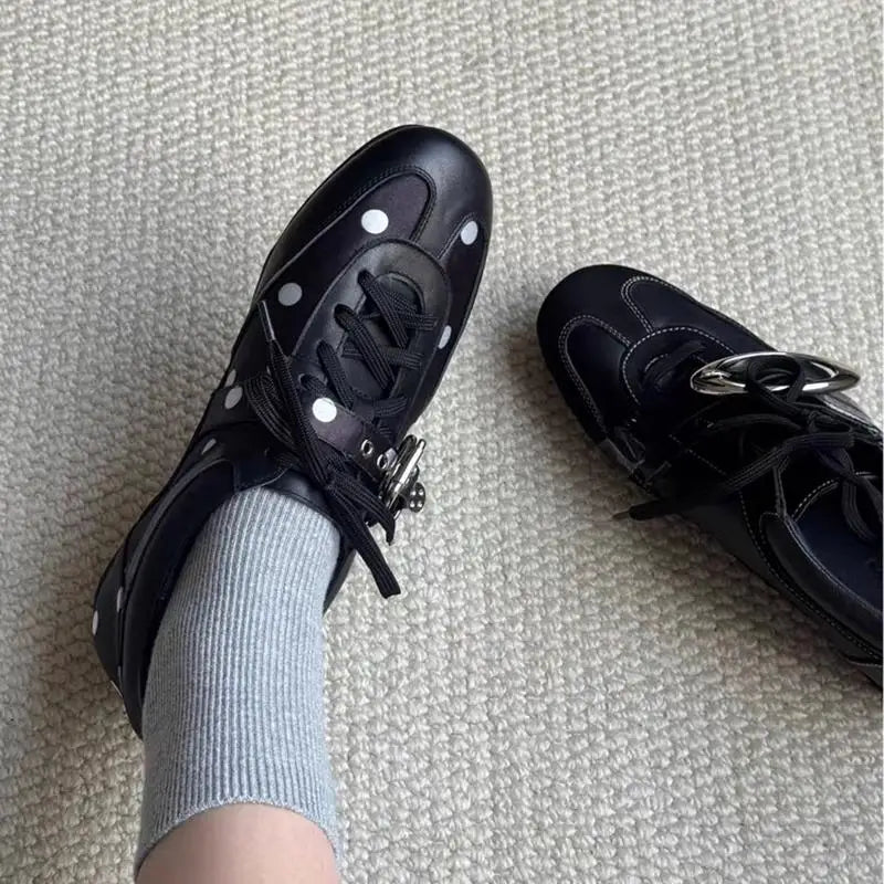 Korean Style Black Polka Dot Sneakers Women Spring 2026 Luxury Metal Decoration Designer Vulcanize Shoes Woman's Sports Shoes