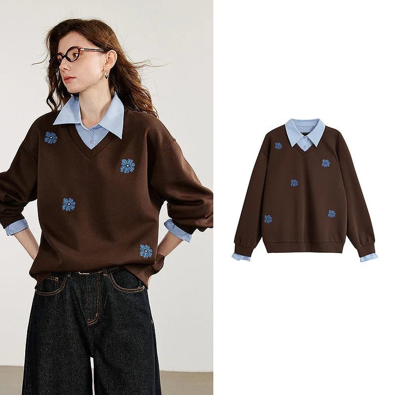 TOYOUTH Women Sweatshirt 2025 Autumn New Denim Flower Embroidery Fake Two Piece Splicing Turn Down Collar Cotton Casual Pullover