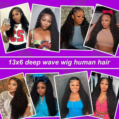 Deep Wave 44 Inch Curly 13x4 HD Transparent Lace Frontal Wigs Human Hair Front Wigs Pre Plucked With Natural Hairline For Women