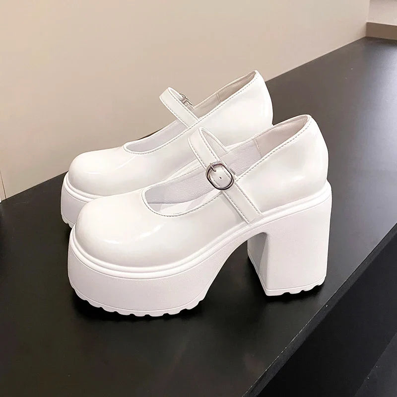 Black Super High Heels Mary Jane Shoes Women 2026 Goth Chunky Platform Pumps Woman Plus Size Ankle Buckle Party Lolita Shoes 42