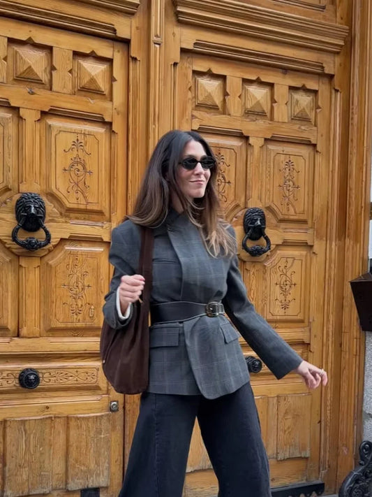 Chic Plaid Women Blazer Jackets Casual Split Loose Stand Collar Full Sleeve Short Jacket 2026 Lady Fashion Daily Commute Outwear