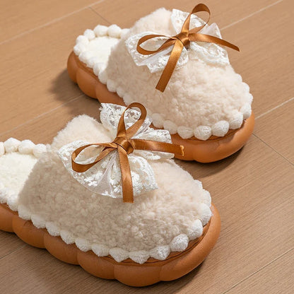Winter Warm Fur Slippers For Women Thick-Soled Household Slippers Cute Bow Non Slip Soft Home Shoes Indoor Plush Women's Slipper