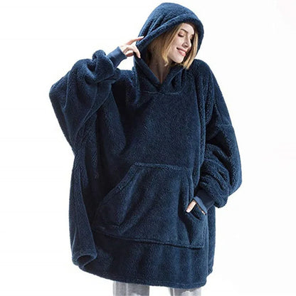 Winter Warm Unisex Double-faced Fleece Hooded Sweatshirts Casual Loose Long Thicken Pocket Pullover Batwing-sleeved Home Clothes