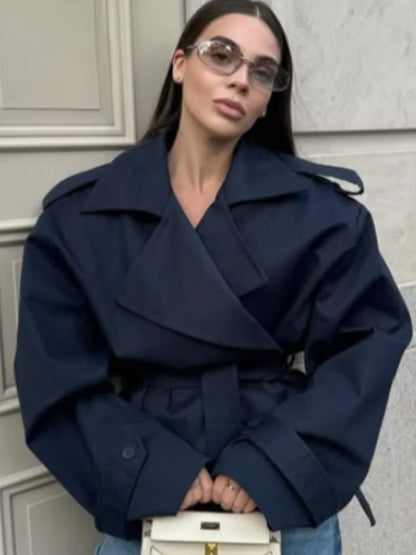 Fashion Women Lace Up Cropped Trench Coat 2026 Lapel Long Sleeves Wide Shoulder Windbreaker Jacket Lady Spring Commuting Outwear