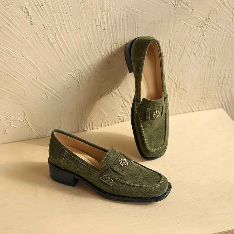 New Spring/Autumn Cow Suede Women Shoes Fashion Retro Square Toe Shoes for Women Mid Heels Women Pumps Handmade Green Loafers