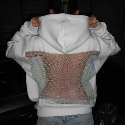 Women’s Backless Hollow Mesh Hoodie Long Sleeve Solid Color Sweatshirt Casual Top for Autumn and Winter Perfect Christmas Gift