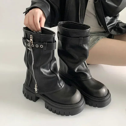 2025 Winter Women Biker Boots Fashion Belt Buckle Ladies Elegant Platform Long Pipe Booties Casual Women's Knee High Booties