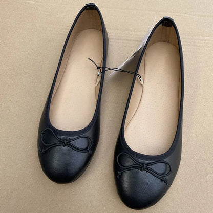 Aneikeh Spring Autumn Elegant Bowknot Ballerina Flat Women's Round Toe Comfort Slip-On Loafers Black Leather Mules Ladies Shoes