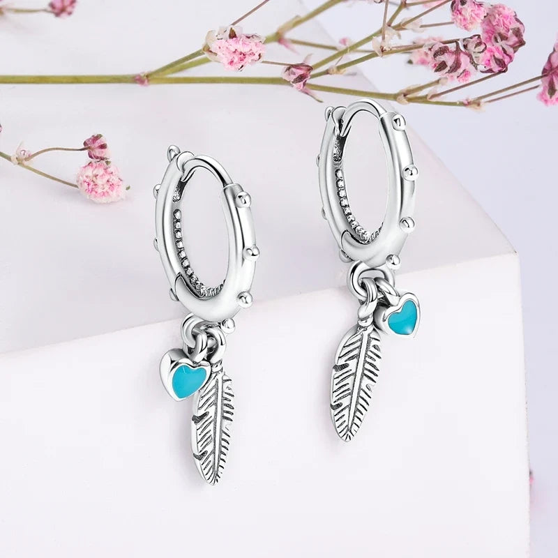 Genuine 925 Sterling Silver Love Feather Earrings Fit Original Charms Hoop For Women Girls Stud Earring Fine Jewelry Gifts