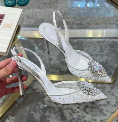 White Wedding Shoes, Rhinestone Pointed Crystal Toe Sandals, New High-heeled Shoes, Sexy Single Shoes