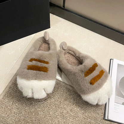 3D Cat Paw Plush Slippers Warm Slip-on House Shoes Anti Slip Flat Thermal Slippers Furry Paw Couple Slippers for Autumn Winter