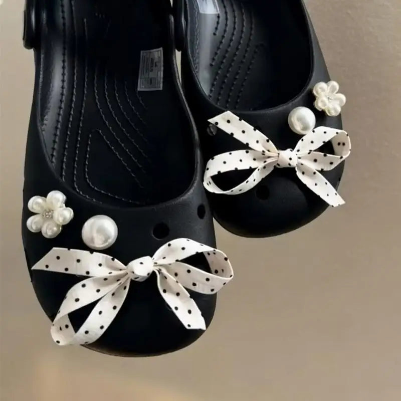 Elegant Polka Dot Bowknot DIY Shoes Charms Set 2026 New Luxury Faux Pearl Ballet Clogs Accessories Woman's Shoes Decorations