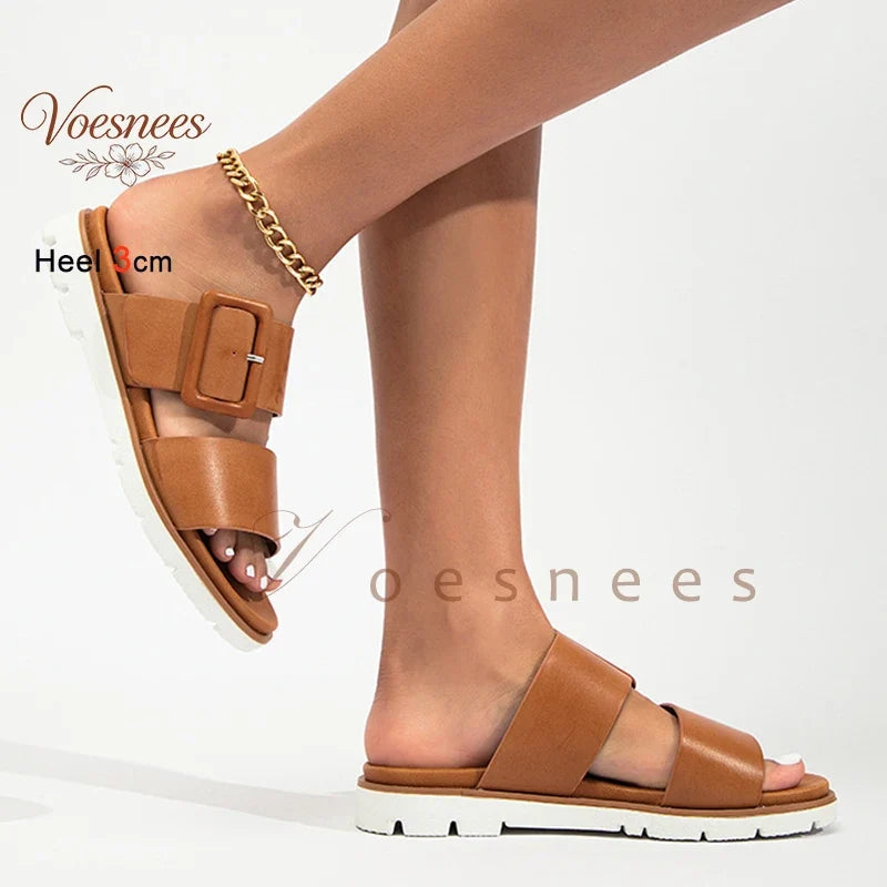 Adjustable Square Buckle Women Slide Sandals Two Strap Platform Slippers Low Heel Soft Sole Summer Open Toe Walking Casual Shoes