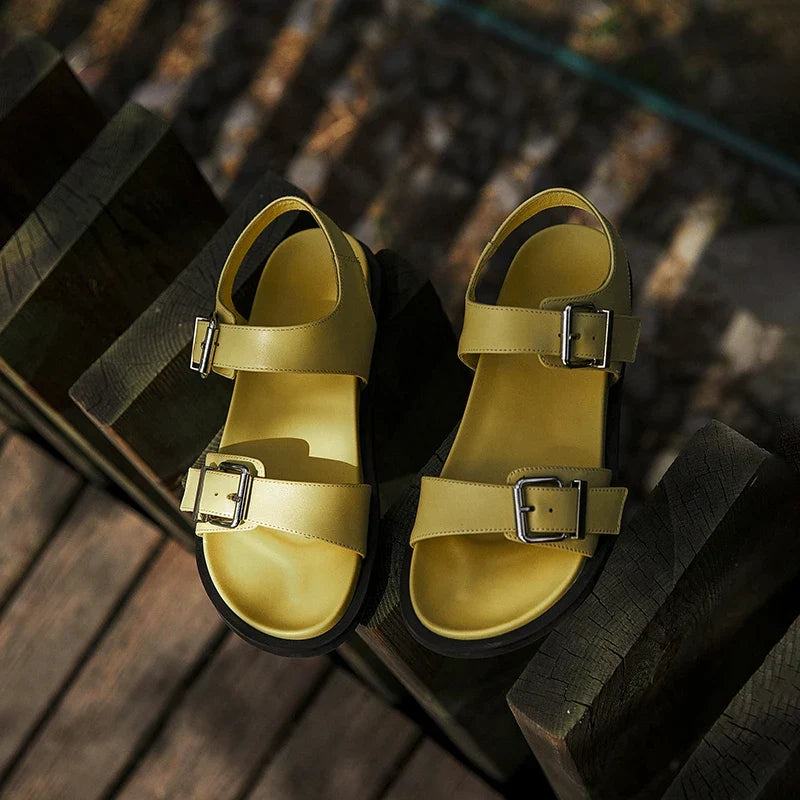 Summer Sandals Genuine Leather Yellow Footwear Flat  Heeled Roman Style Women Sandals Gladiator Buckle Strap Shoes