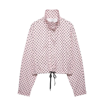 HH Fashion Women's Polka Dot Print Short Coats Autumn Long Sleeves Turtleneck Zipper With Pockets Drawstring Casual Jacket