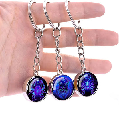 12 Constellation Key Chain Luminous Double Sided Glass Ball Pendant 12 Zodiac Key Chain Fashion Birthday Gift for Men and Women