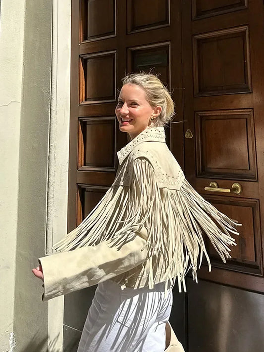 Short Pu Suede Jacket Women Fashionable New 2025 Long Sleeve Tassel Lapel Collar Cropped Slim Coat Lady Street New Outerwear