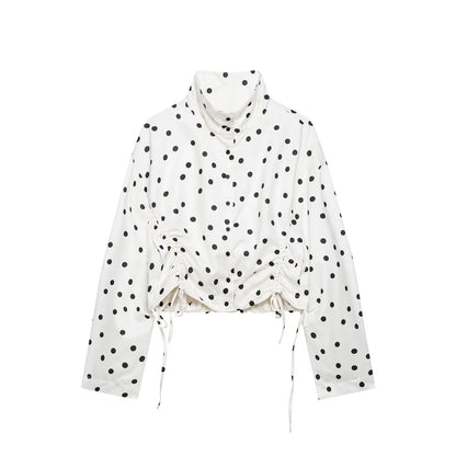 Women's Polka Dots Jacket with Tie New 2026 Spring Long Sleeve High Collar Loose Women Versatile Short Coats Chic Female Jackets