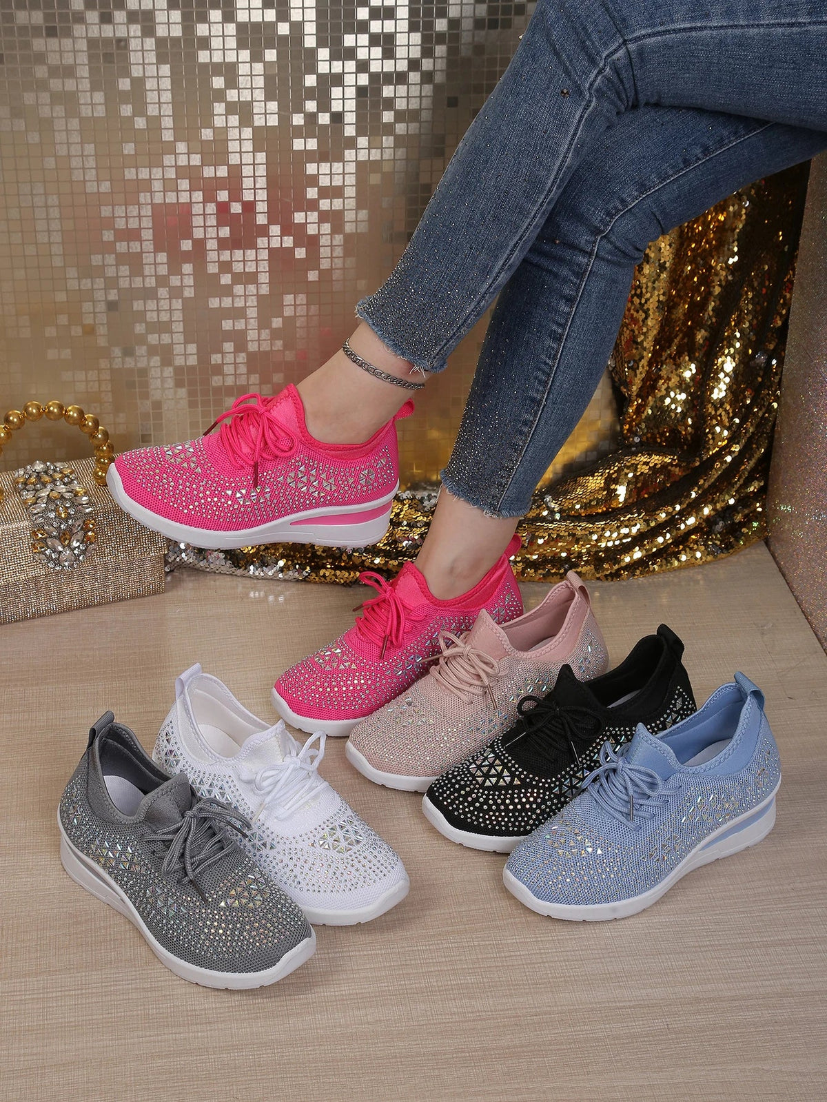 Women's Rhinestone Embellished Knit Mesh Wedge Sneakers, Adjustable Lace-Up Closure, Daily Walking Casual Footwear