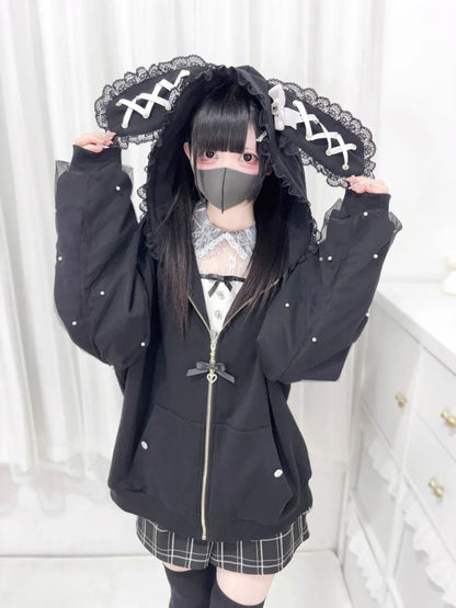 Japanese Sweet Coats Y2K Clothing Hoodie Women Tops Autumn and Winter Color Match Splicing with Thick Velvet Cardigan Jackets