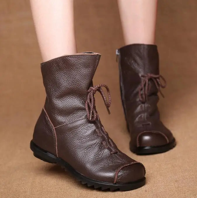 Genuine Leather Plush women's short Boots Retro Casual Autumn Winter Women Boots Waterproof warm Snow boots Plus Size 42