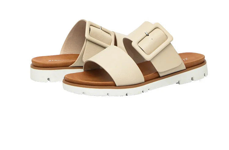 Adjustable Square Buckle Women Slide Sandals Two Strap Platform Slippers Low Heel Soft Sole Summer Open Toe Walking Casual Shoes