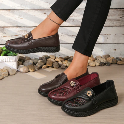 Women's Spring Autumn Leather Loafers Floral Embossed Slip‑On Flats Anti‑Slip Comfort Casual Mom Daily Walking Free Shipping