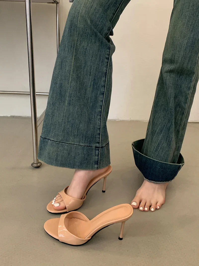 Liyke Wine Red Patent Leather Women Slippers Sandals Fashion Round Open Toe Thin High Heels Mules Slides Summer Party Dress Shoe