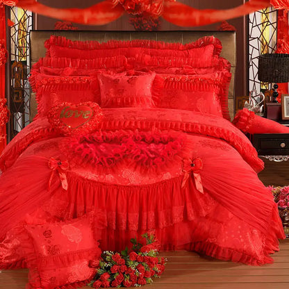 Luxury Wedding Bedding Sets Queen King Size Pink Princess Lace Bedcover Set Jacquard Duvet Cover Bed Sheet Pillowcases