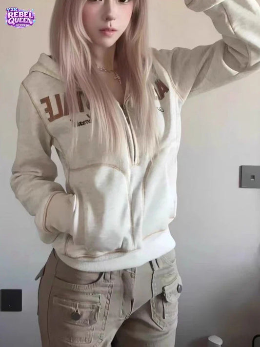 Japanese Y2K Punk Subculture Jacket Women Oversized Zip Up Hooded Sweatshirt Sexy Casual Vintage Streetwear Fashion Chic Clothes