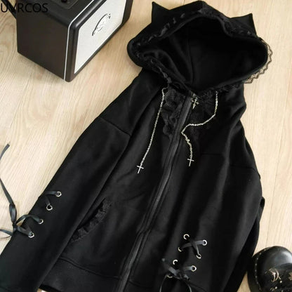 Japanese Kawaii Cat Ears Hooded Hoodies Women Y2k Aesthetic Grunge Casual Bandage Zipper Sweatshirt Fashion Trend Sportswear Top