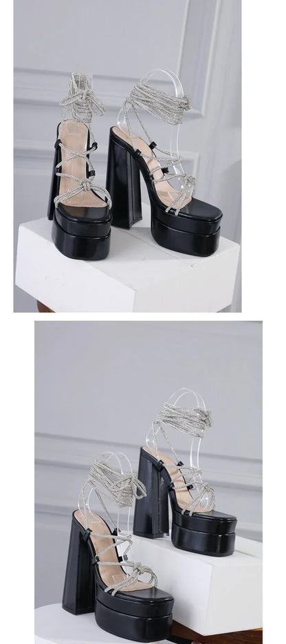MM2025 New Arrival Rhinestone Embellished Knot T-Strap Heels Roman Peep-toe Summer Sandals Shiny Perfomance Anniversary Footwear