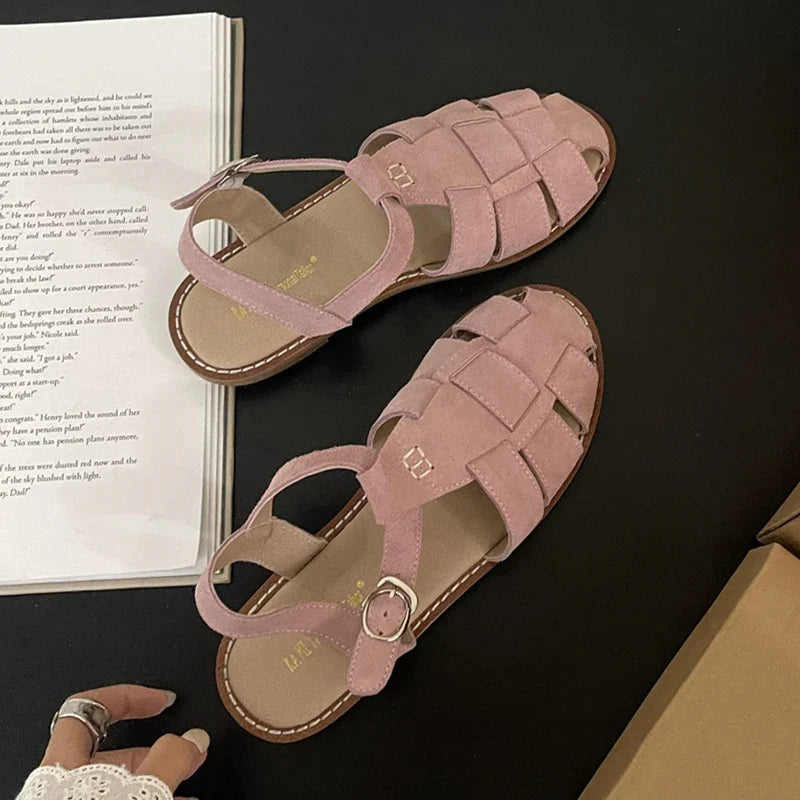 DIMANYU Women's Roman Sandals 2023 Summer New Flat Retro Real Leather Ladies Sandals Hollowed Women's Cage Shoes