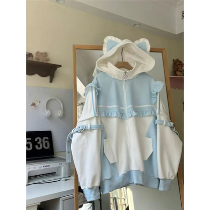 Japanese Sweet Coats Y2K Clothing Hoodie Women Tops Autumn and Winter Color Match Splicing with Thick Velvet Cardigan Jackets