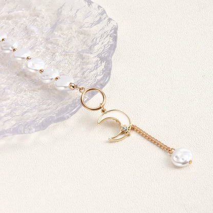 Kpop Imitation Pearl Beaded Pendant Necklace Moon Metal Link Splicing Choker for Women Ladies Jewelry Wedding