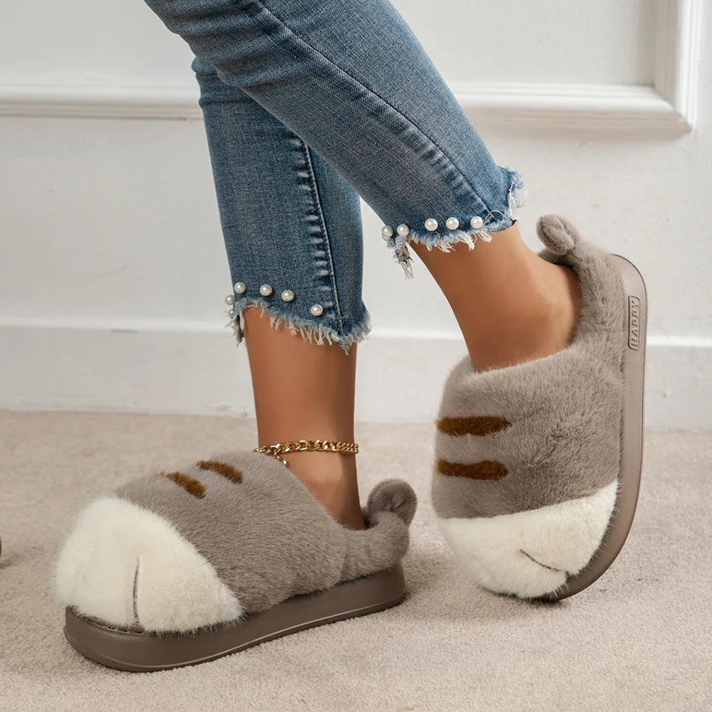 3D Cat Paw Plush Slippers Warm Slip-on House Shoes Anti Slip Flat Thermal Slippers Furry Paw Couple Slippers for Autumn Winter