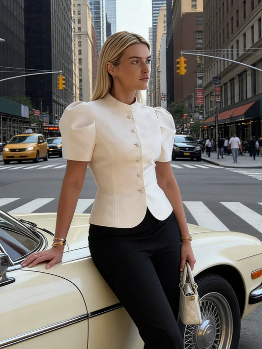 Satin Solid Round Neck Puffer Jacket Short Sleeve Slim Button Front 2026 Spring Retro Elegant Women Blouse Chic Office Lady Coat