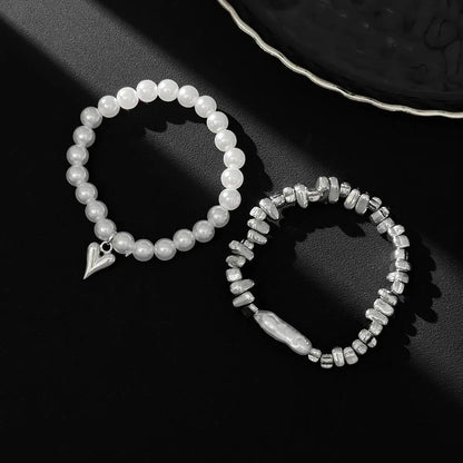 2Pcs/Set Elegant Imitation Pearl Bracelet for Women Bohemian Elastic Rope Chain Bracelet with Heart Pendant Jewelry Gift