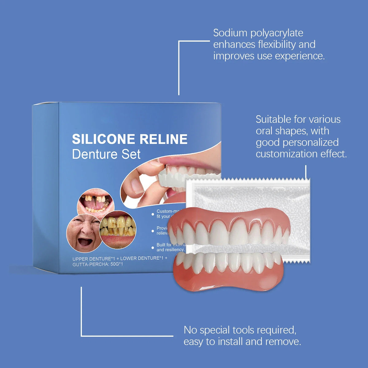 Comfort Fit Full Set Dentures Silicone Fake Teeth Natural Smile Instant Confidence Oral Care for Adults