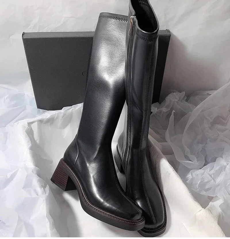 Vintage Thick Heel Women Knee High Boots Fashion Side Zippers Shoes Autumn Winter Ladies Concise Long Botas De Mujer