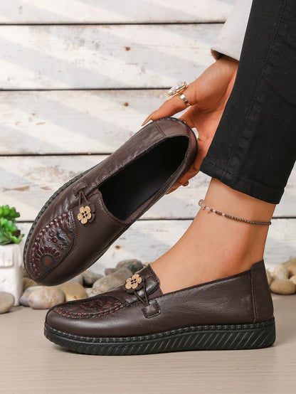 Women's Spring Autumn Leather Loafers Floral Embossed Slip‑On Flats Anti‑Slip Comfort Casual Mom Daily Walking Free Shipping