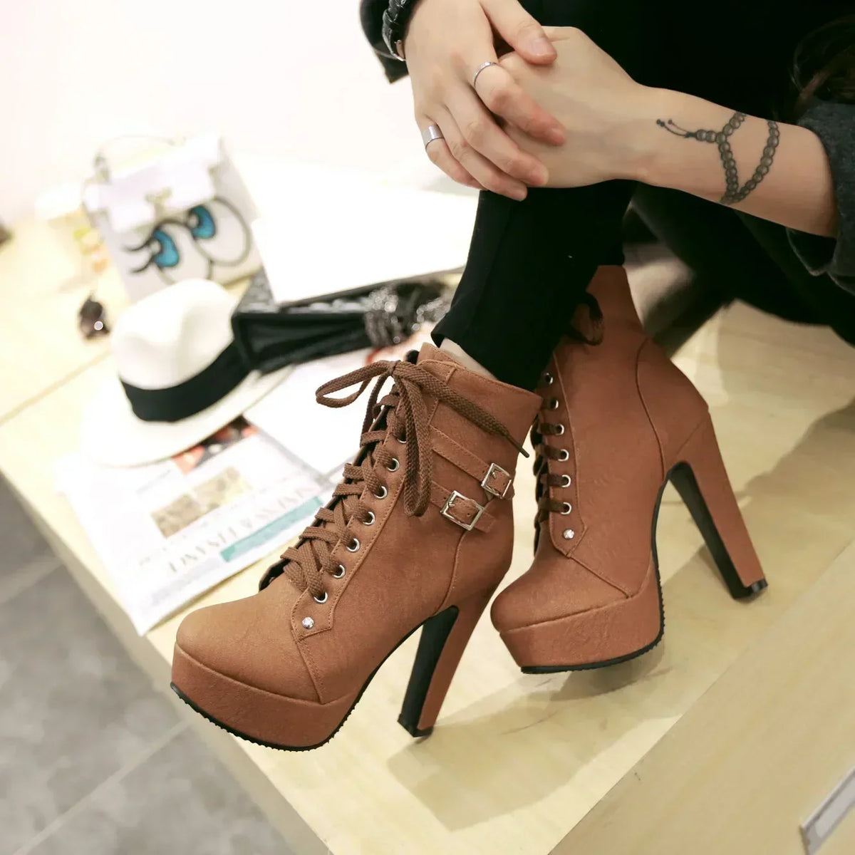 New Women's Pumps Shoes Womens Thick Sole Boots Lace Up Ladies Ankle Boots Comfortable Stiletto Heels Botas Altas Mujer