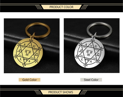 Dawapara Protection Secret Seal of Solomon Pendant Keychain Witchcraft Hexagram Wealth Fortune Amulet Stainless Steel Jewelry