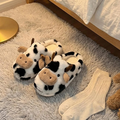 A Pair of Cute Cartoon 3D Cow Plush Slippers for Women, Comfortable Fluffy Home Slippers with Soft Soles for the Bedroom, Cute 3D Milk-Themed Warm Non-Slip Indoor Slippers, Lightweight and Silent Comfortable Shoes for Women, a Top Choice for Holiday Gifts
