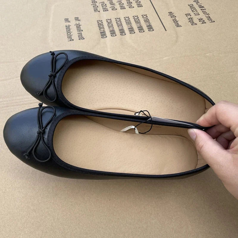 Aneikeh Spring Autumn Elegant Bowknot Ballerina Flat Women's Round Toe Comfort Slip-On Loafers Black Leather Mules Ladies Shoes