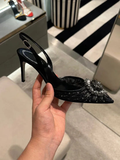 White Wedding Shoes, Rhinestone Pointed Crystal Toe Sandals, New High-heeled Shoes, Sexy Single Shoes